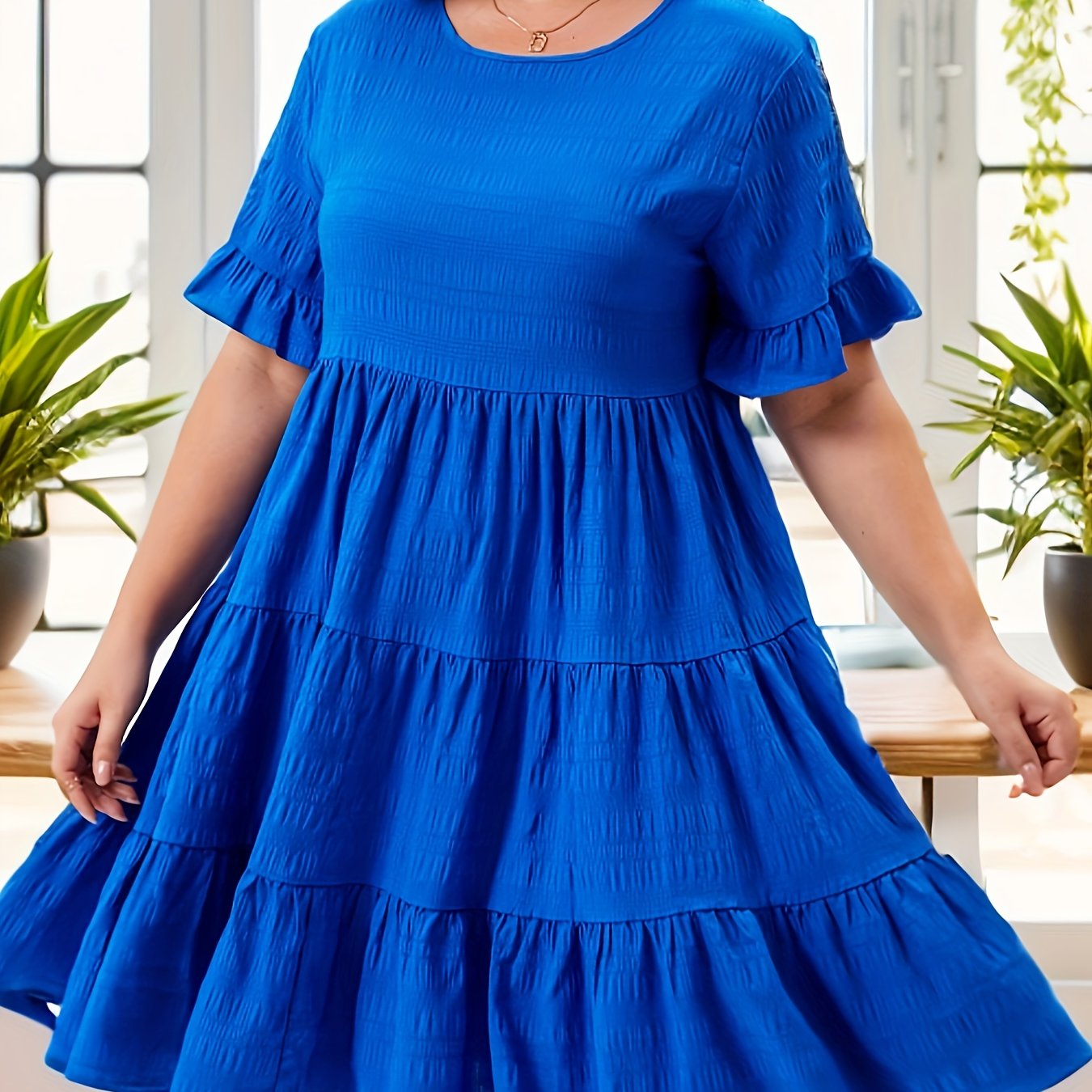  Solid Short Sleeve Ruffle Trim Smock Dress