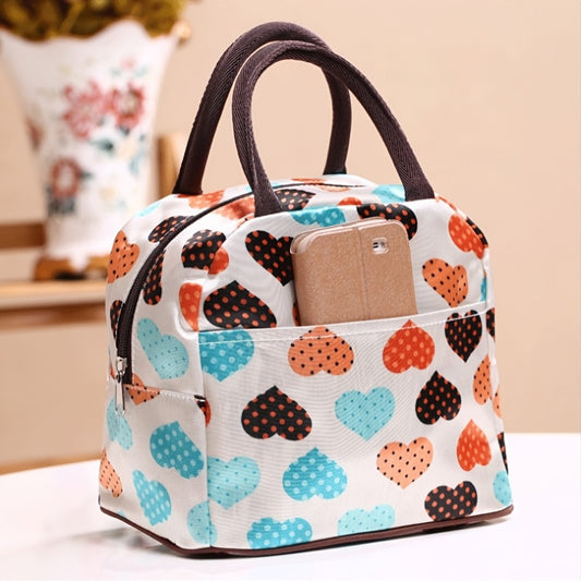 Heart Pattern Beige Striped Lunch Bag Insulated Tote Zippered Picnic Bag