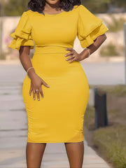  Ruffle Trim Round Neck Bodycon Dress