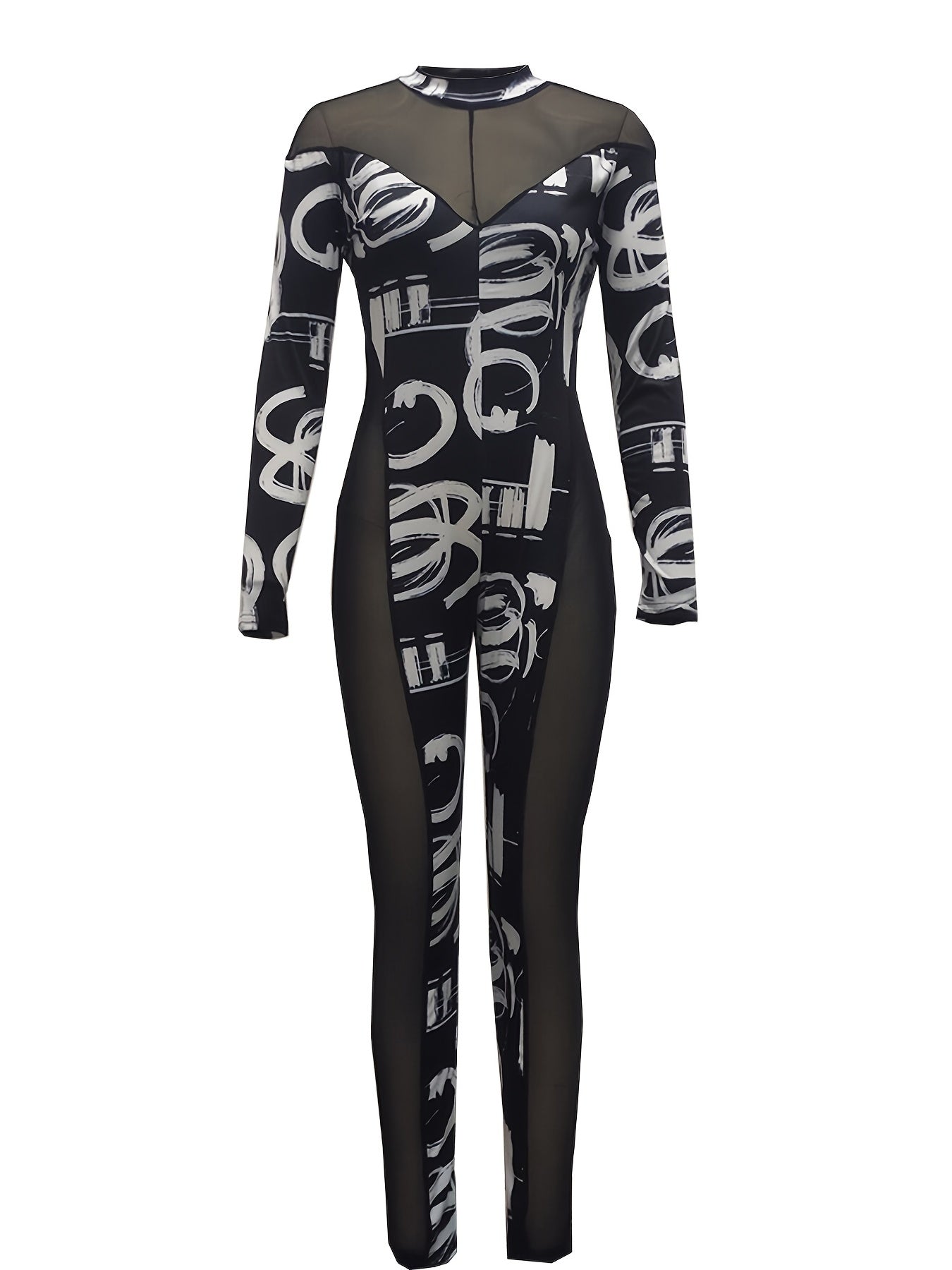 Abstract Print Skinny Illusion Jumpsuit Mock Neck Long Sleeve Jumpsuit