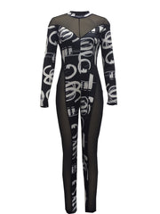 Abstract Print Skinny Illusion Jumpsuit Mock Neck Long Sleeve Jumpsuit