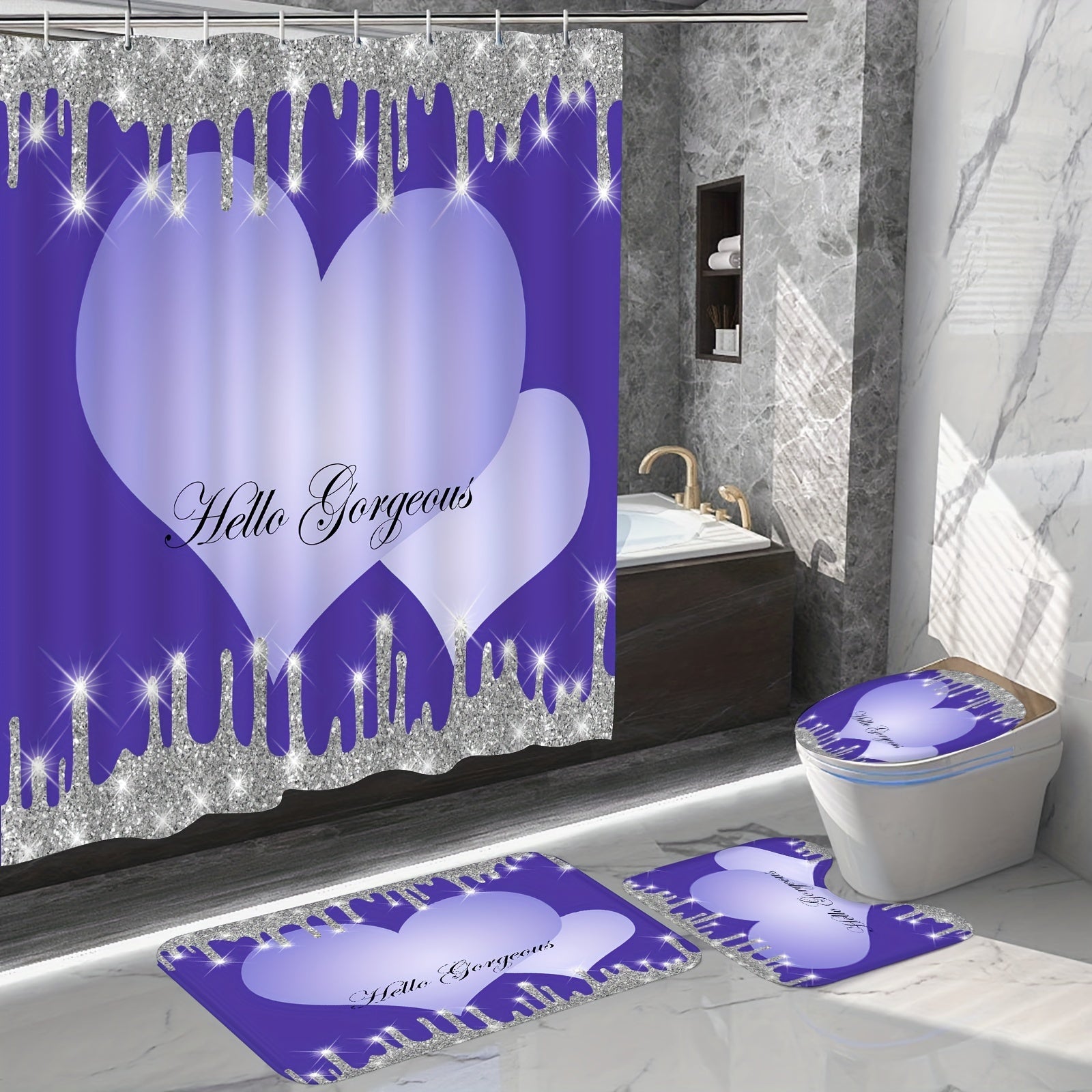 Sparkling Shower Curtain Set with Bath Mat and Hooks, 71x71 In