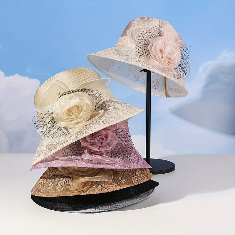 Mesh Flower Decor Bucket Hat British Style Solid Thin Basin Hat