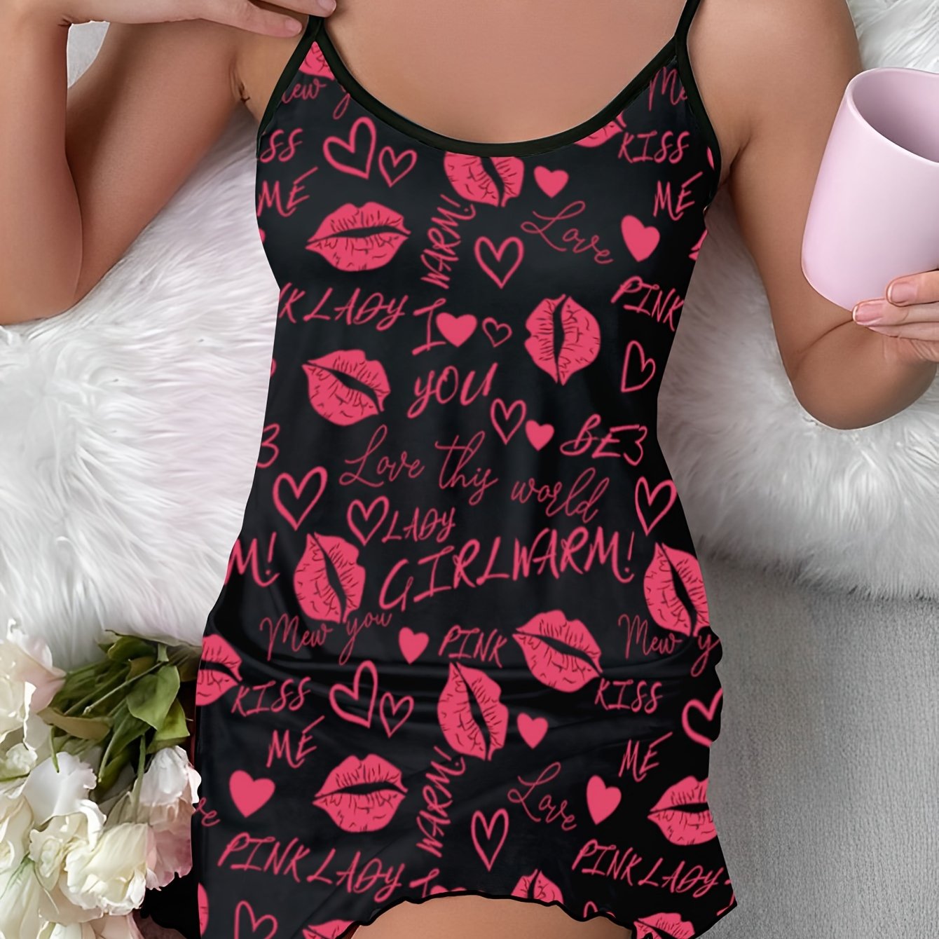 Letter & Lips Print Nightdress Crew Neck Sleep Dress
