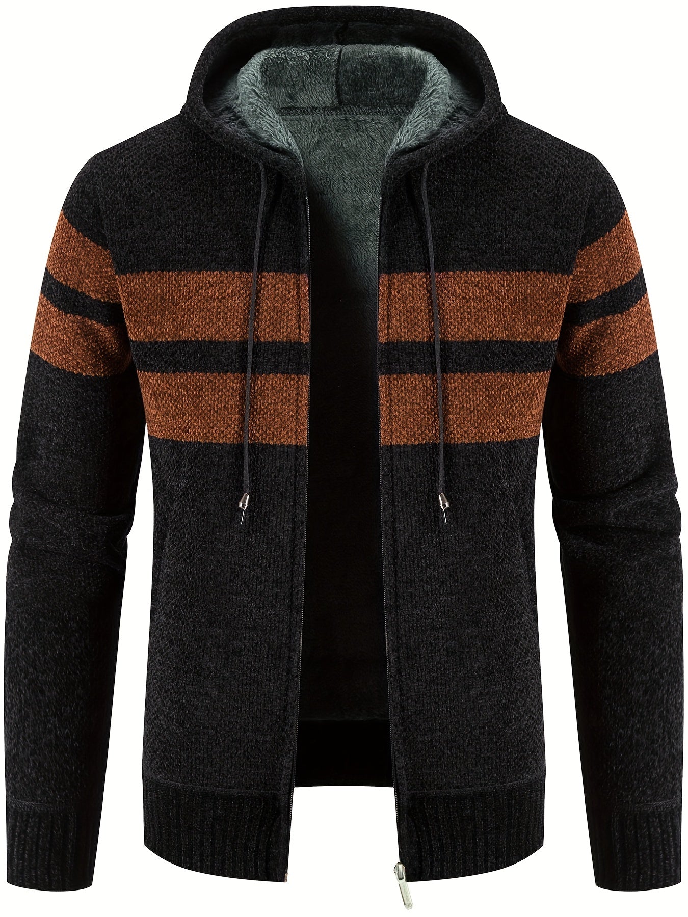Men's Striped Pattern Hooded Cardigan with Teddy Lining