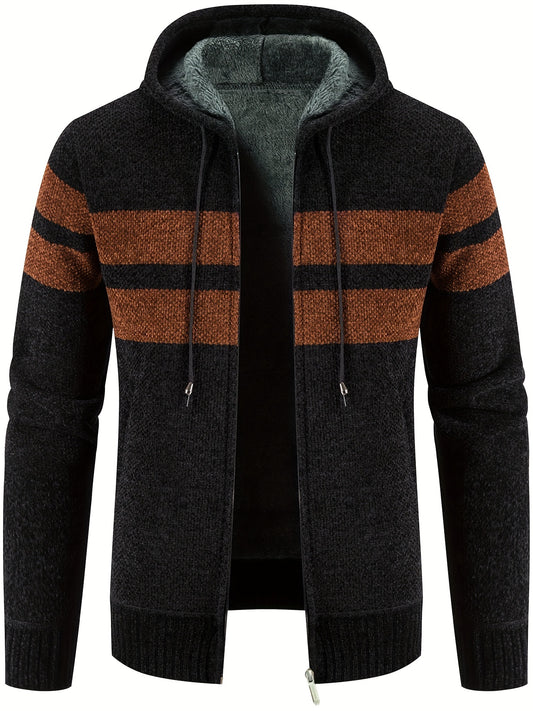 Men's Striped Pattern Hooded Cardigan with Teddy Lining