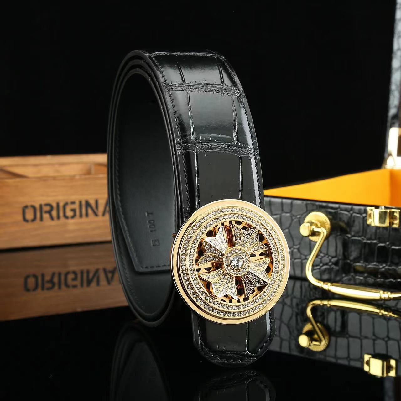 Men's Rhinestone Buckle Cowhide Belt 3 1 6in Wide