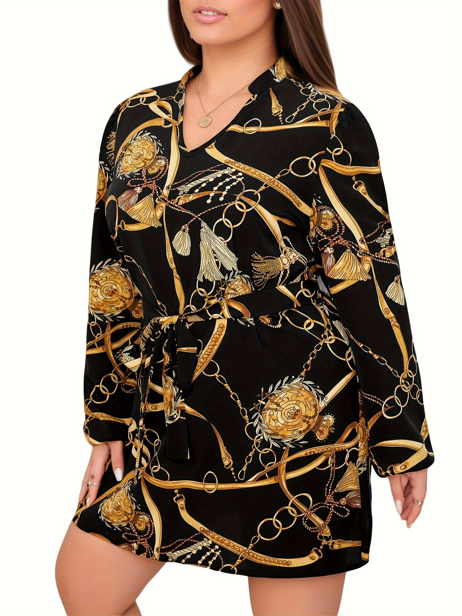 Chain Print V Neck Belted Dress