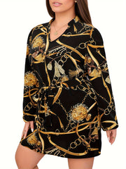  Chain Print V Neck Belted Dress