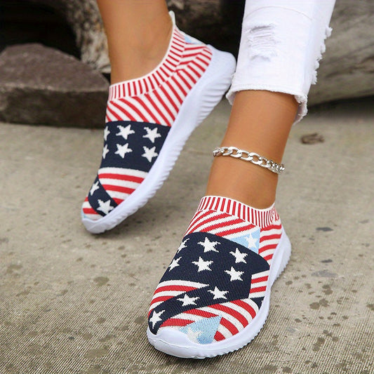 Women's Flag Pattern Knit Slip On Sneakers Lightweight Shoes