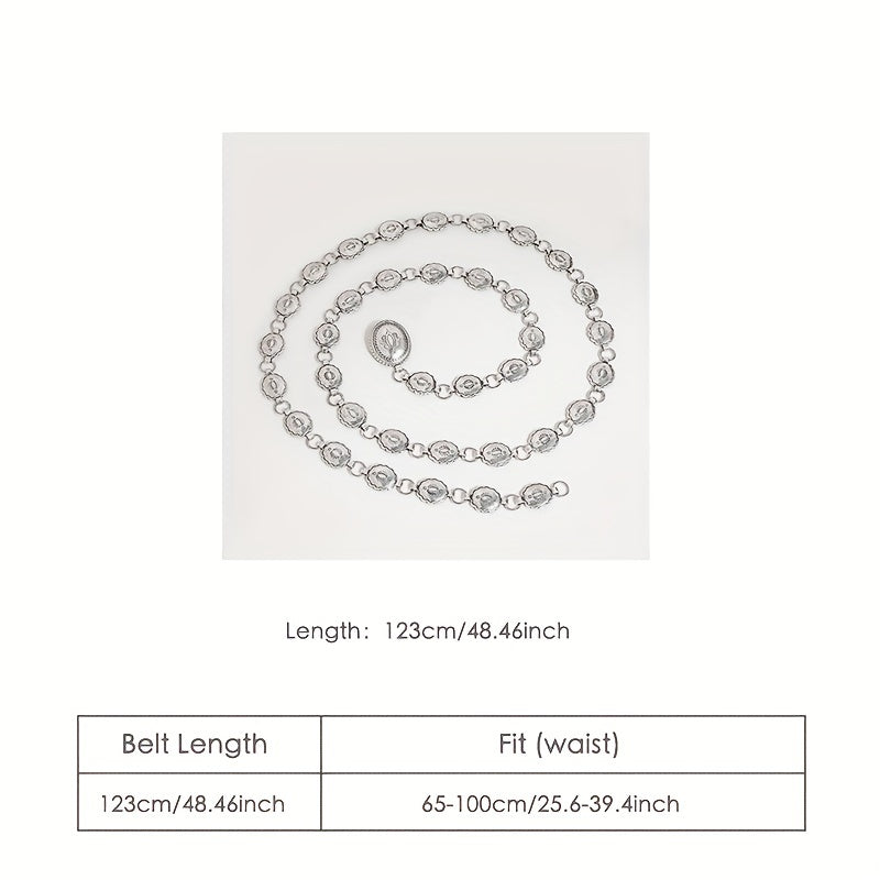 Boho Carved Waist Chain Vintage Silvery Metal Chain Belt Adjustable Body Jewelry