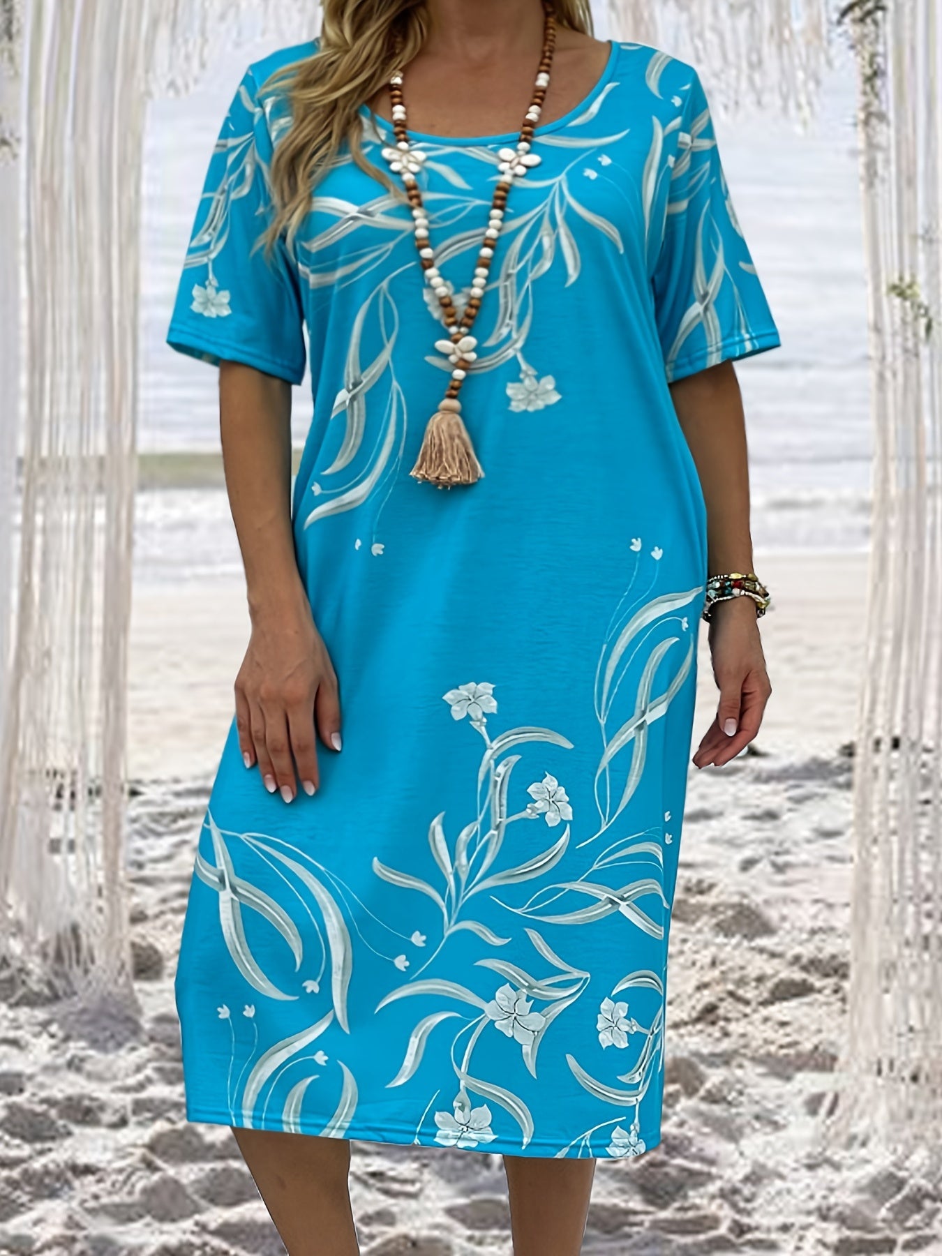 Boho Dress Women's Plus Floral Print Midi T shirt Dress
