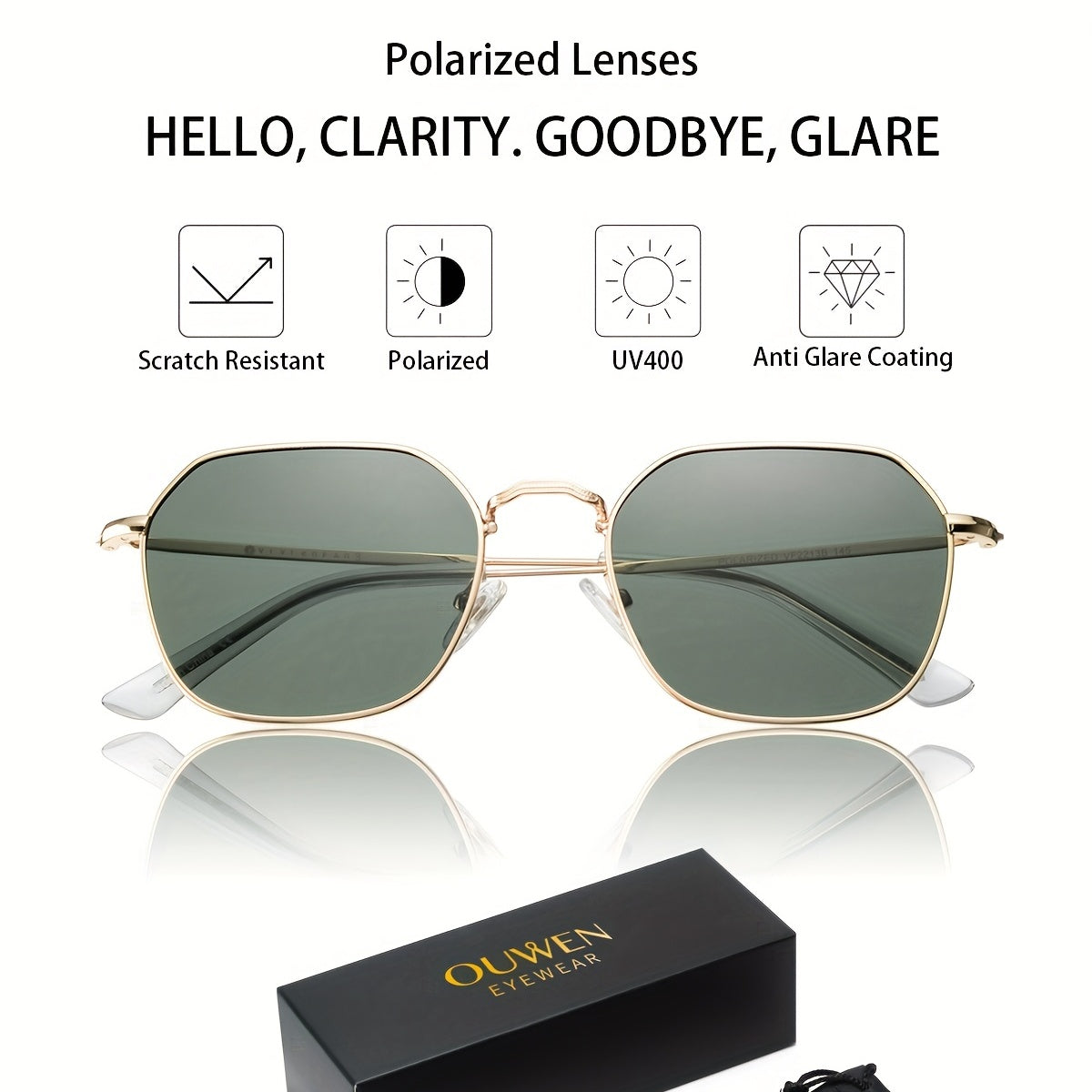 OUWEN Polarized Hexagon Square Sunglasses For Men Small Geometric Polygon