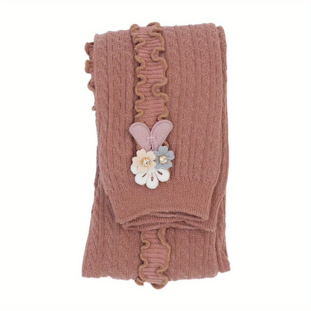 Girls Side Frill Trim Knit Leggings Flower Bunny Footless Tights Pants
