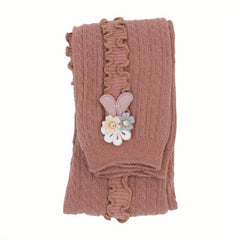 Girls Side Frill Trim Knit Leggings Flower Bunny Footless Tights Pants