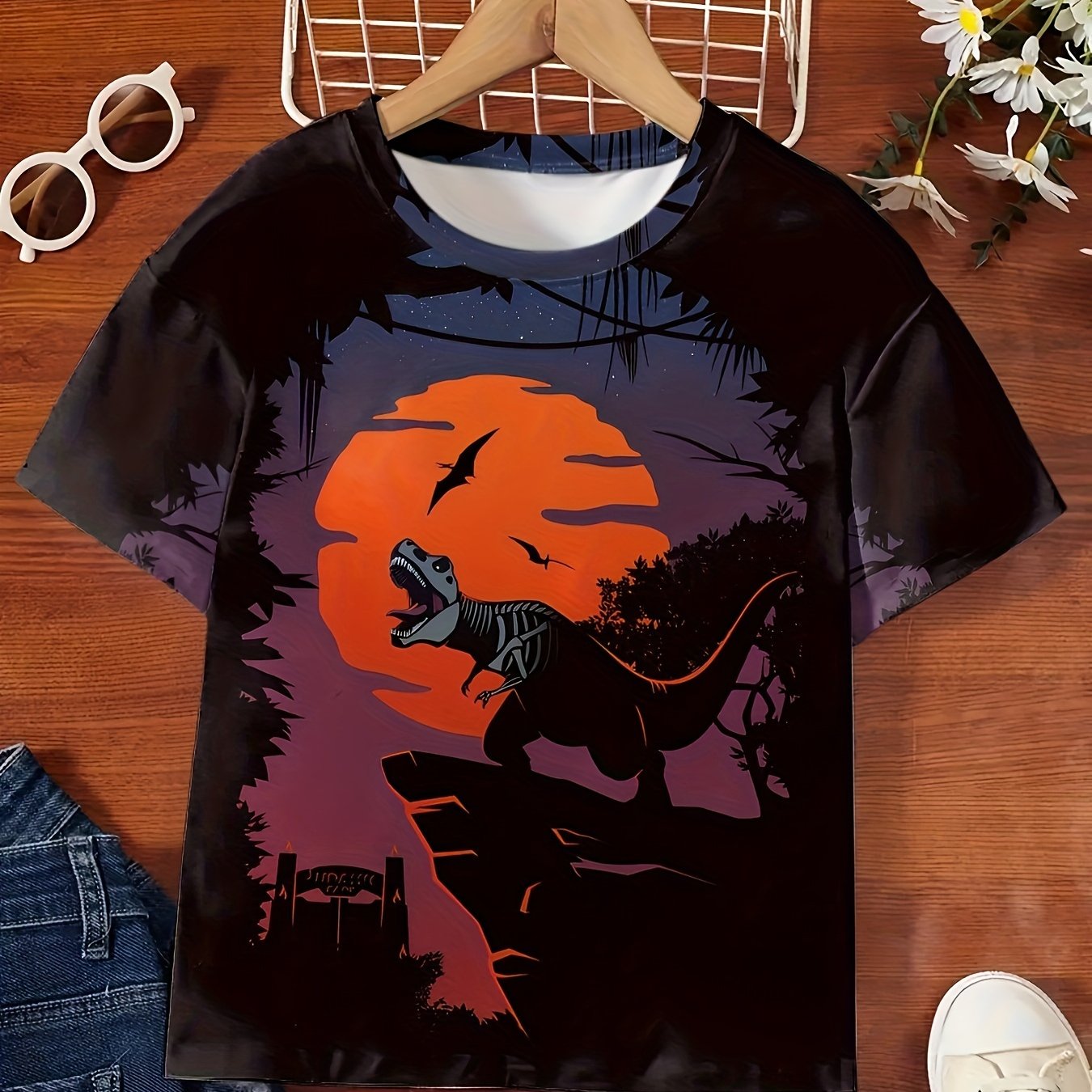 3D Midnight Dino Print Short Sleeve T shirt Boys Girls Summer Sports