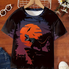 3D Midnight Dino Print Short Sleeve T shirt Boys Girls Summer Sports