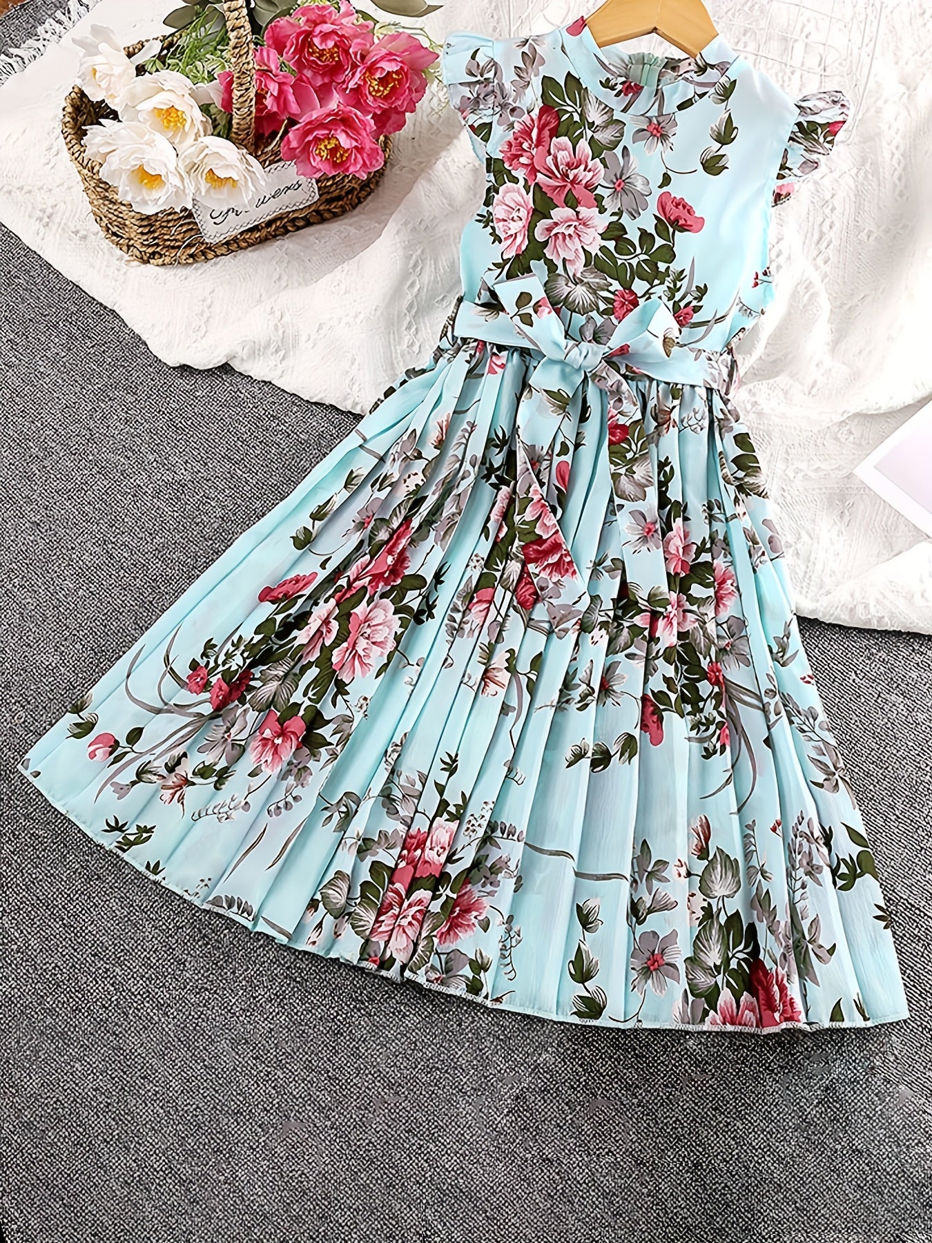 Girls Floral Graphic Pleated Dress For Party Beach Vacation