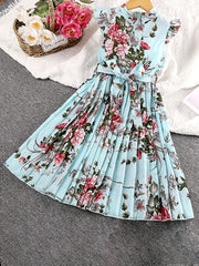 Girls Floral Graphic Pleated Dress For Party Beach Vacation