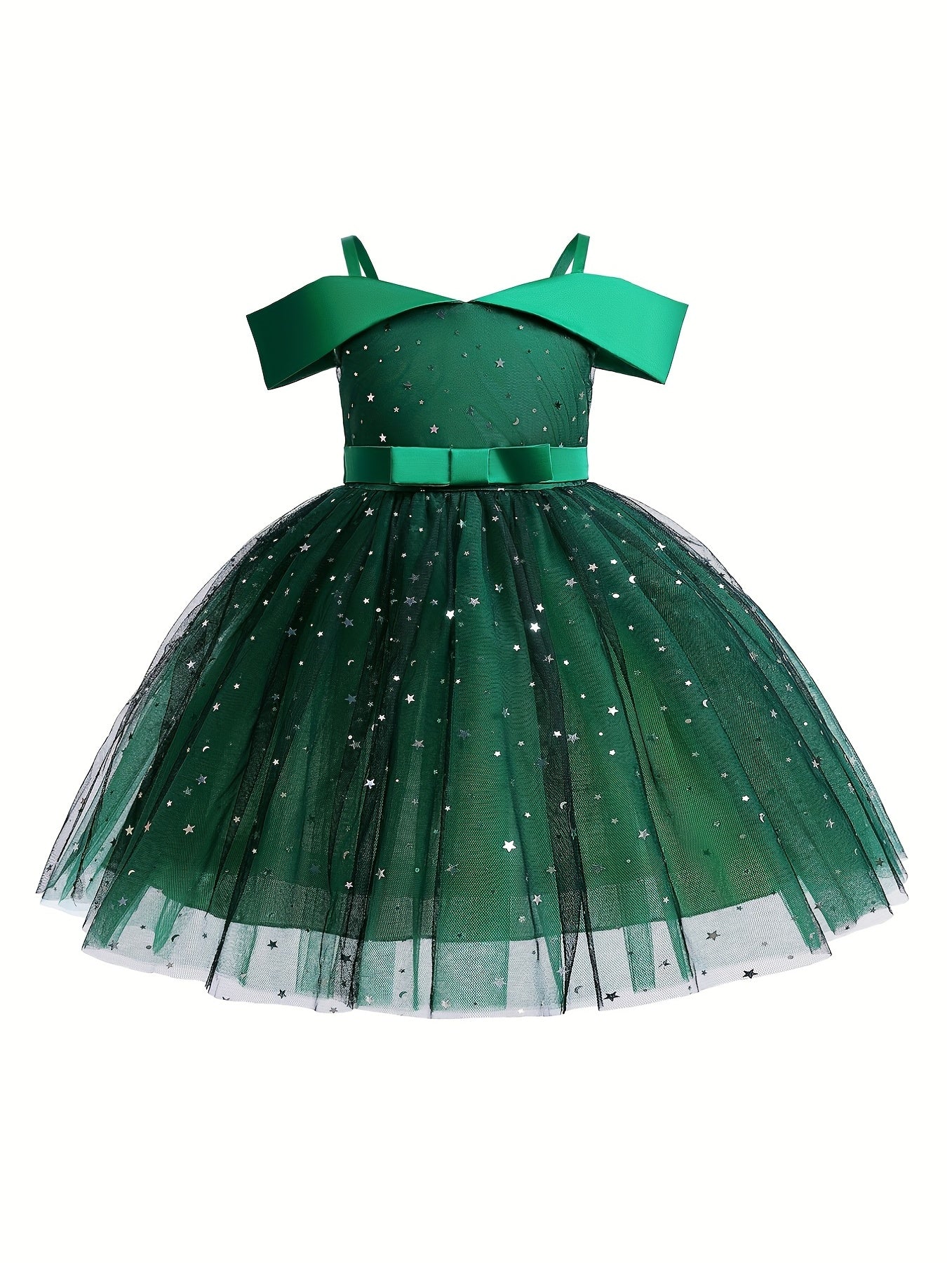 Girls Striped Bow Princess Dress Gown Cold Shoulder Piano Performance