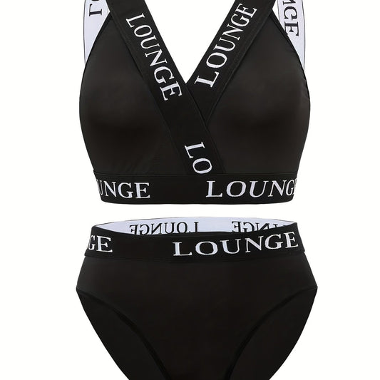 Plus Size Sports Lingerie Set with Contrast Letter Trim