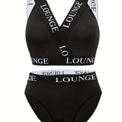 Plus Size Sports Lingerie Set with Contrast Letter Trim