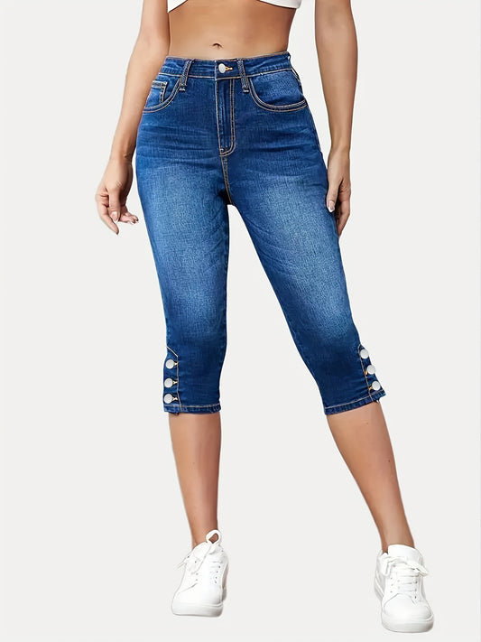 High Waist Capris Denim Jeans Single Breasted Button Slim Fit Casual Denim