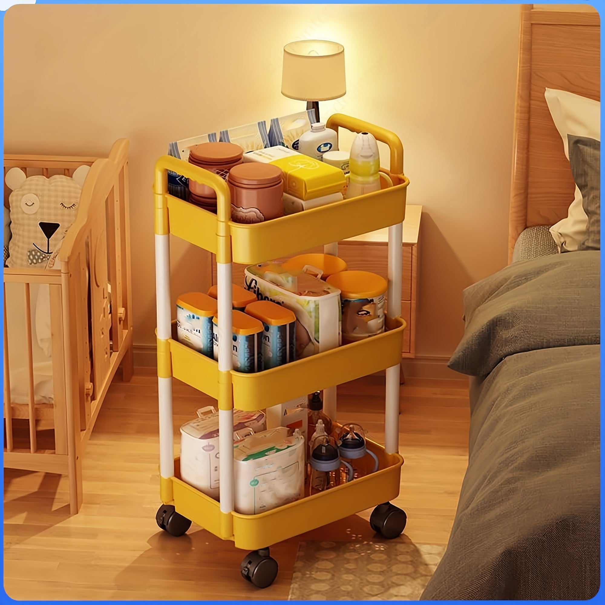 Yellow Cart Three layer Bookshelf Storage Rack School Supplies