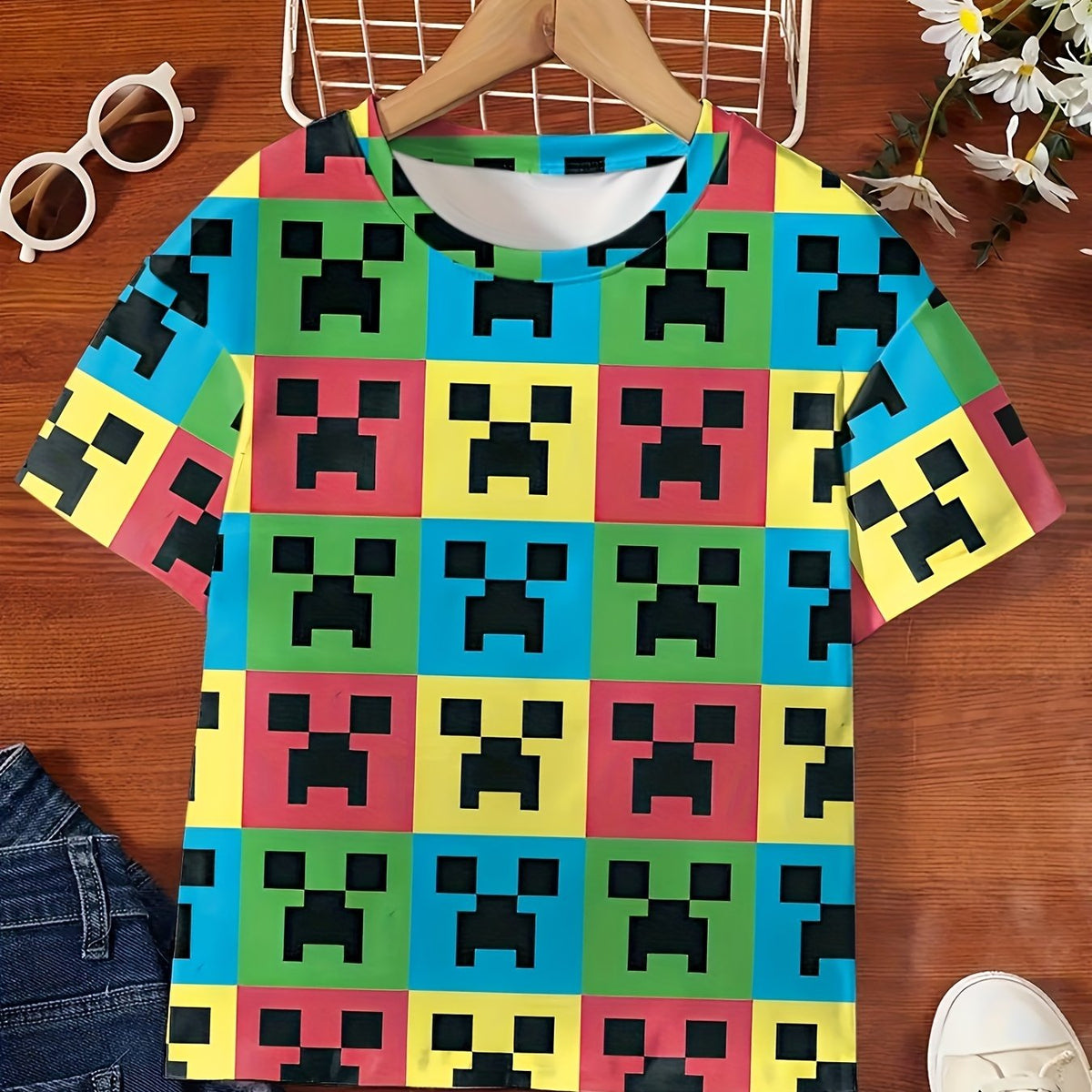 Colorful Monster Blocks Graphic Short Sleeve T shirt For Girls