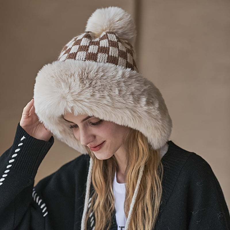 Fashionable Plaid Knit Plus Fur Ball Winter Hat