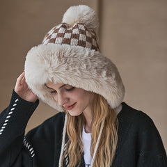 Fashionable Plaid Knit Plus Fur Ball Winter Hat