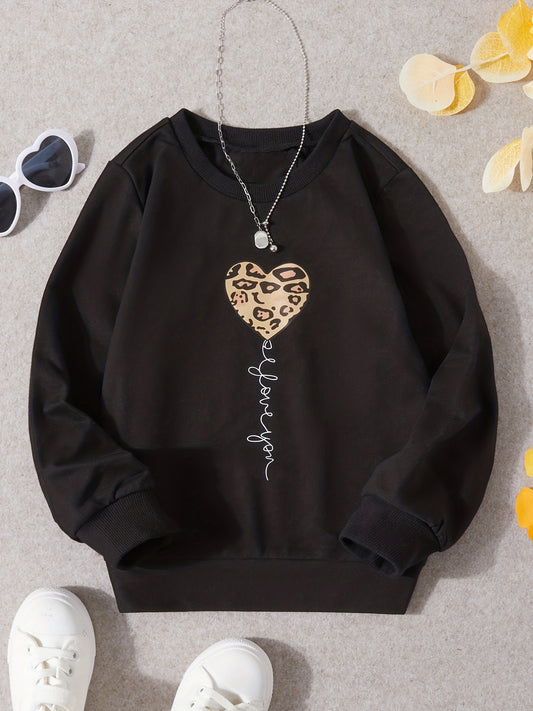 Girls Leopard Heart Letter Print Pullover Sweatshirt Crew Neck Tops