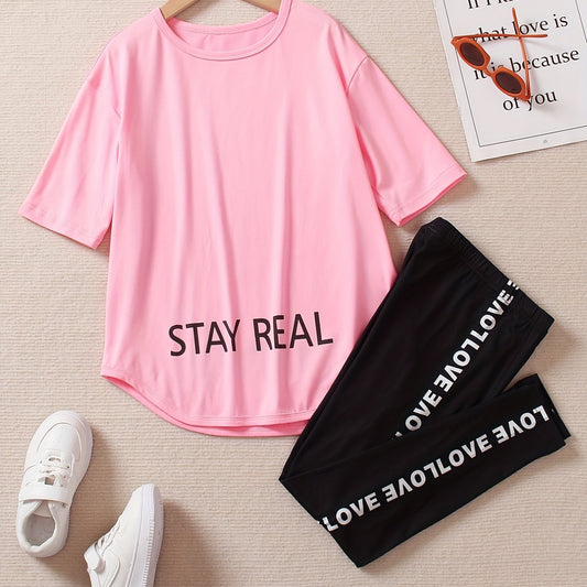 Girls STAY REAL Print Tracksuit Short Sleeve Tee & Track Pants Set