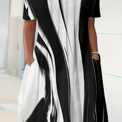  Colorblock Stripe Print Round Neck Dress With Pockets