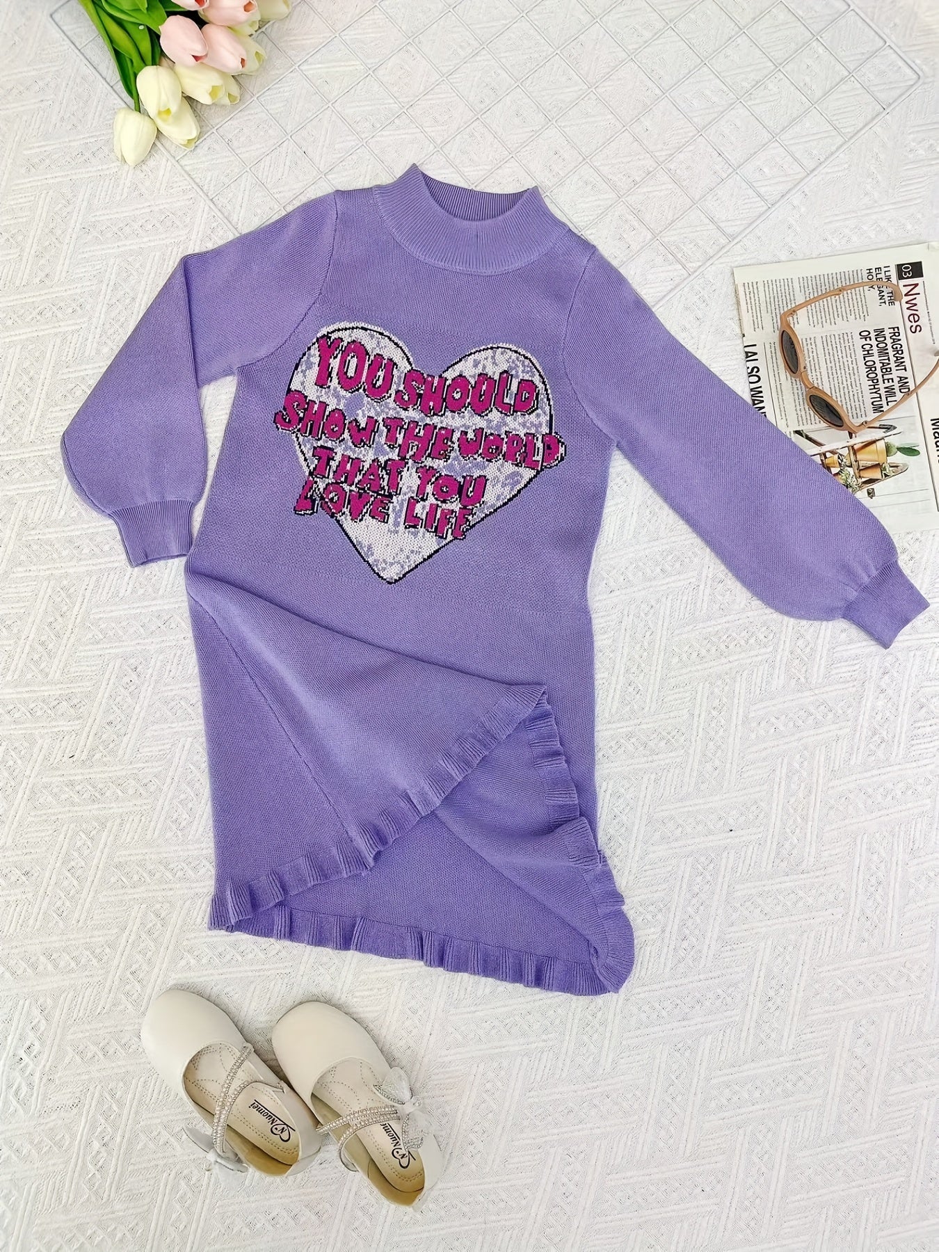 Girls Knitted Heart Jacquard Sweater Dress for Autumn and Winter