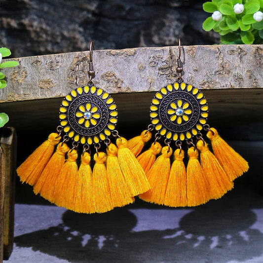 Bohemian Style Fan Shaped Tassel Earrings with Rhinestones