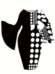  Colorblock Dot Print Bell Sleeve Bodycon Dress