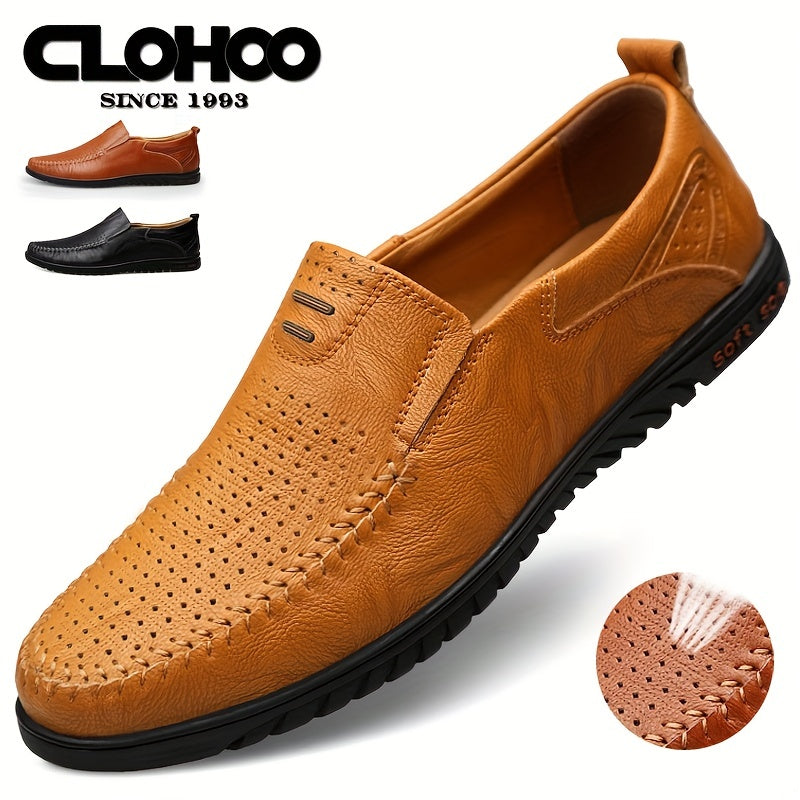 CLOHOO Two layer Cowhide Rubber Sole Hollow Loafers Shoes