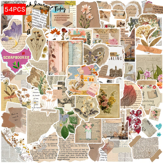 54pcs Retro Art Series Waterproof PVC Adhesive Stickers - Vintage Design