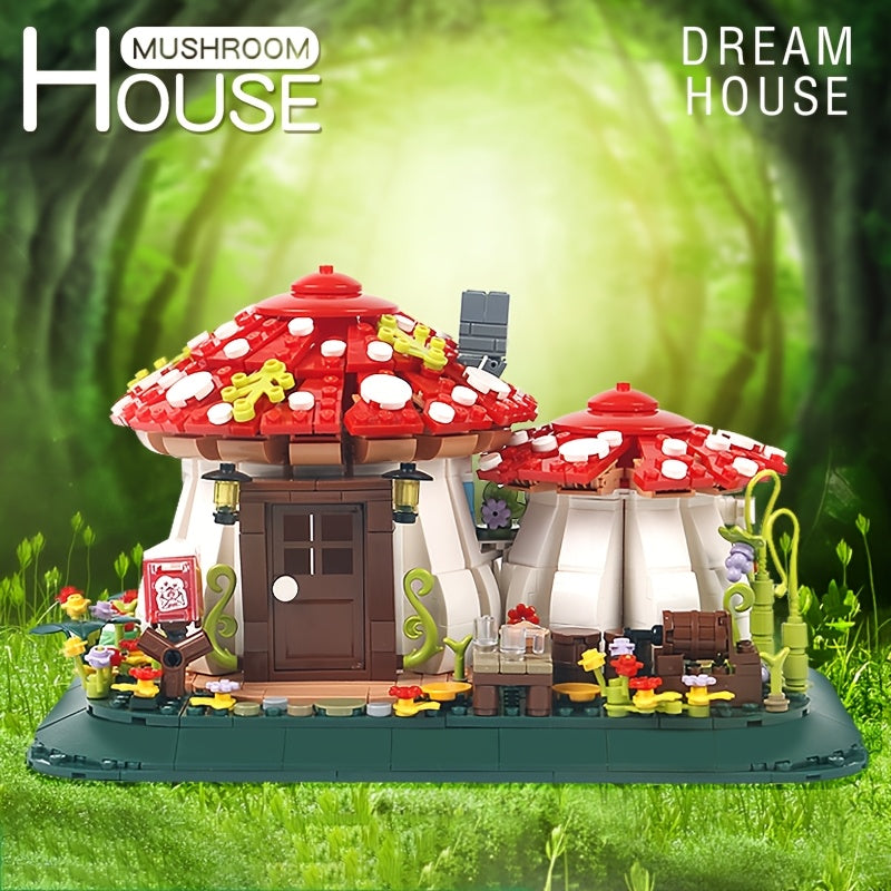 Mushroom House Building Blocks Set with Mushrooms Flowers Pathway