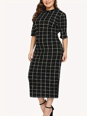  Grid Print Half Sleeve Round Neck Slim Fit Knee Length Dress