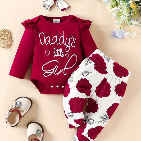 3pcss Baby Casual Outfits Top With Letter Daddy's Little Girl Floral Trousers