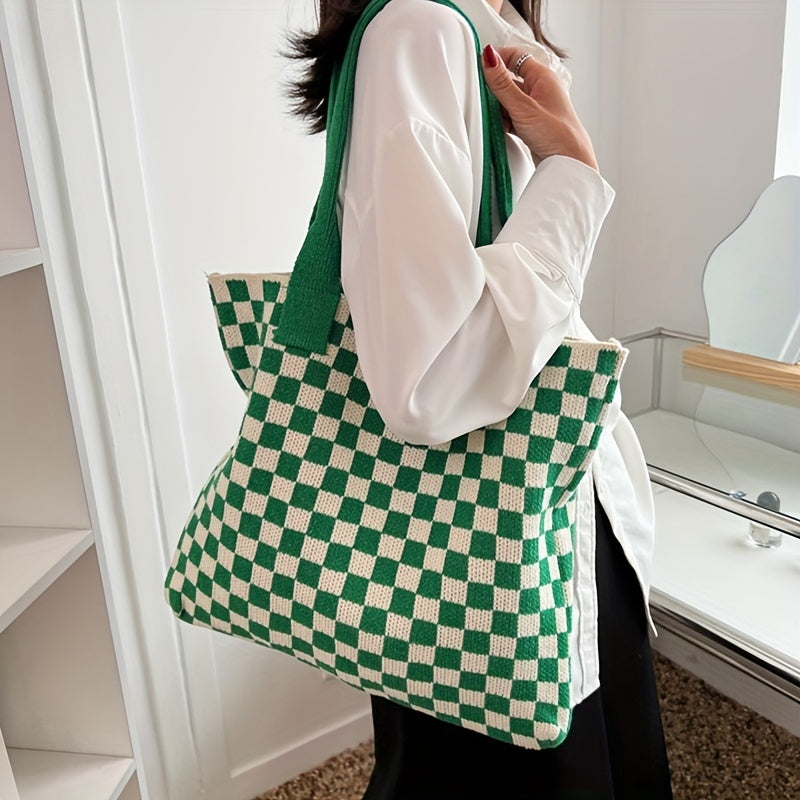 Checkerboard Pattern Shoulder Bag Knitted Satchel Tote Bag