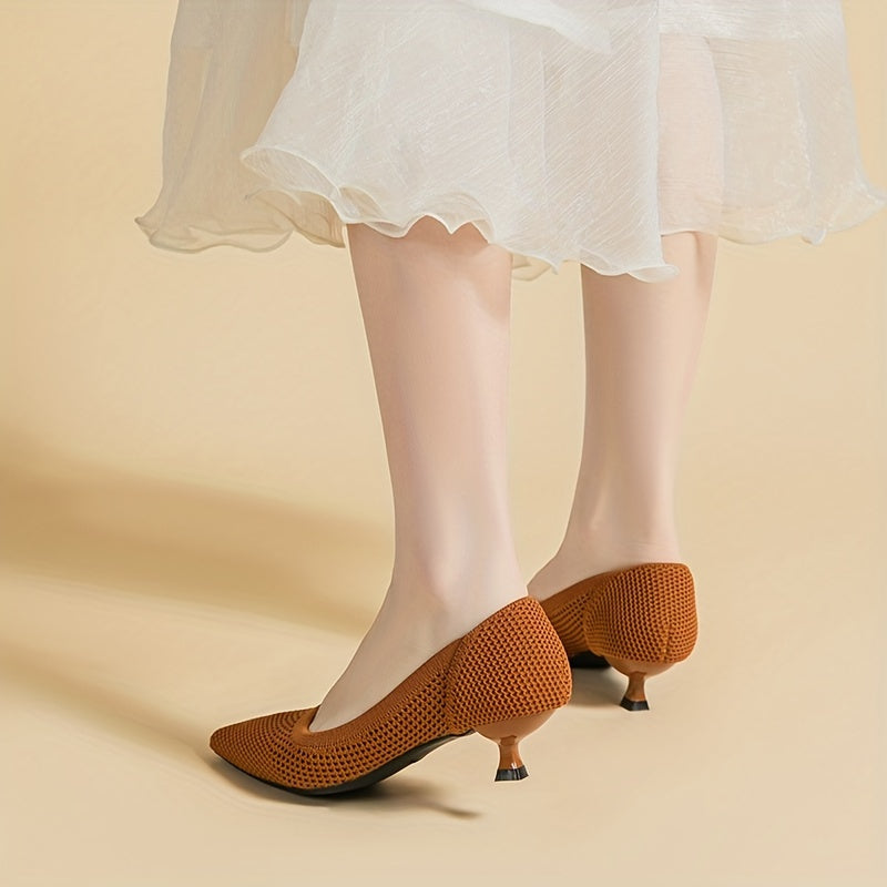 Women's Knit Kitten Heels Slip On Low Heels Comfy Shoes
