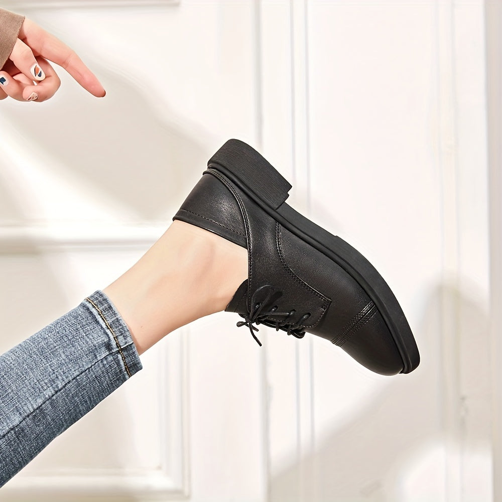 Women's British Style Lace Up Loafers Retro Solid Chunky Shoes