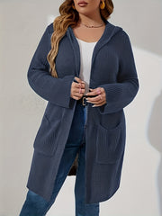  Solid Long Sleeve Hooded Cardigan With Pockets
