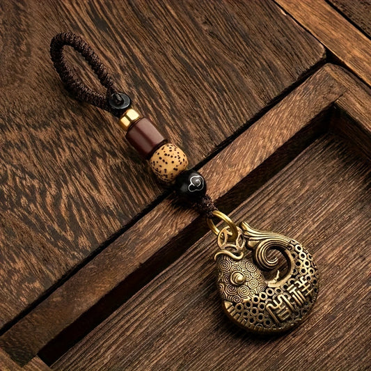 Lucky Fish Brass Car Pendant Key Chain Vintage Chinese Style Hand woven Rope