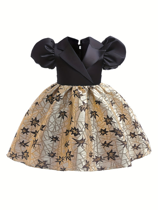 Girls Vintage Jacquard Puff Sleeve Dress