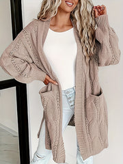  Cable Knit Open Front Sweater Cardigan with Pockets