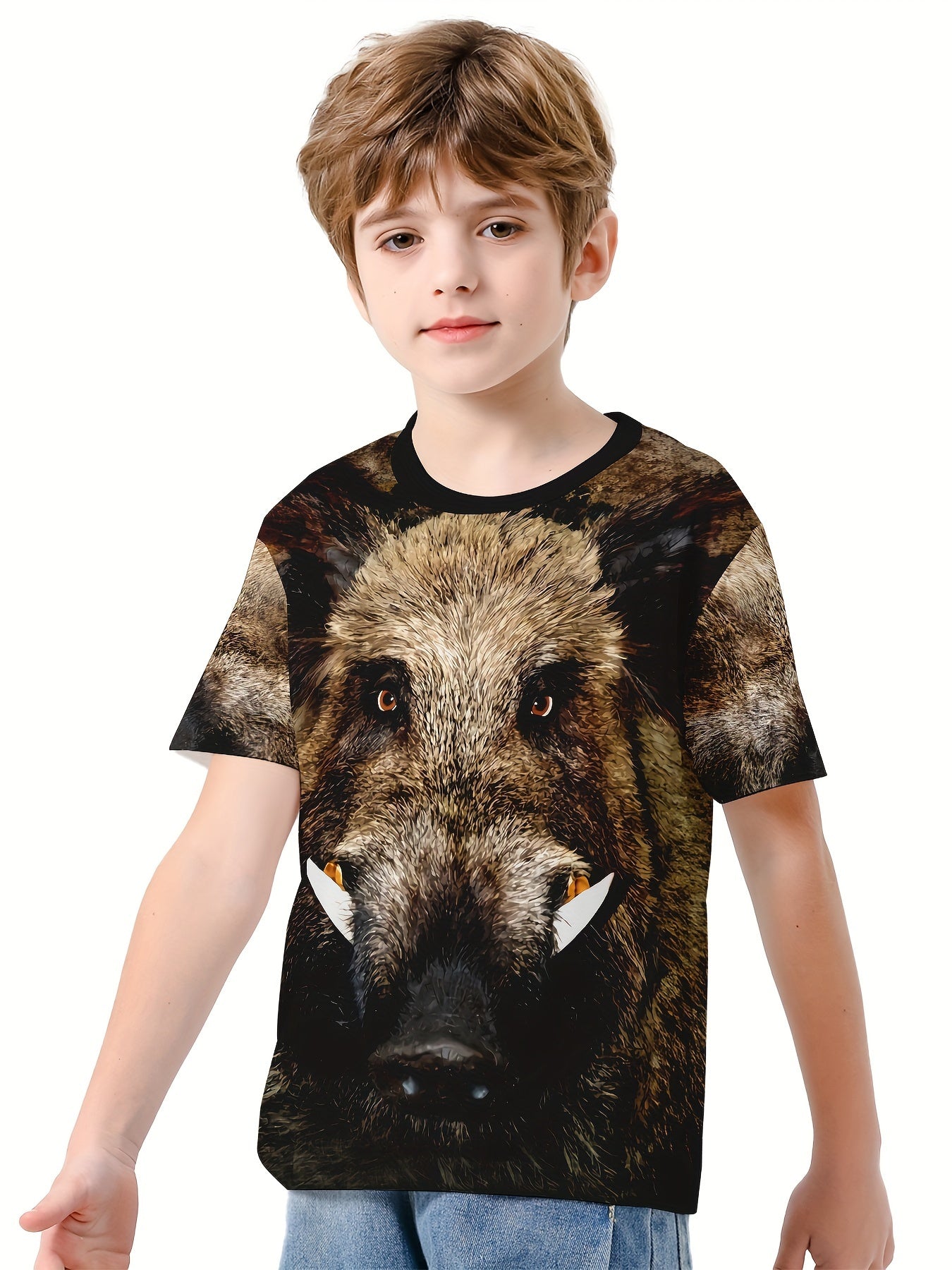 Wild Boar 3D Print Kids T-shirt Boys Summer Sports Lightweight Tee